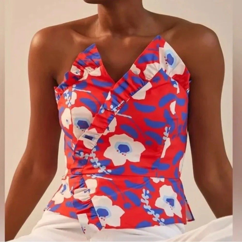 Anthropologie Hutch Motif Corset Top Floral Strapless Ruffle Red Blue size 6 NWT - Picture 1 of 9